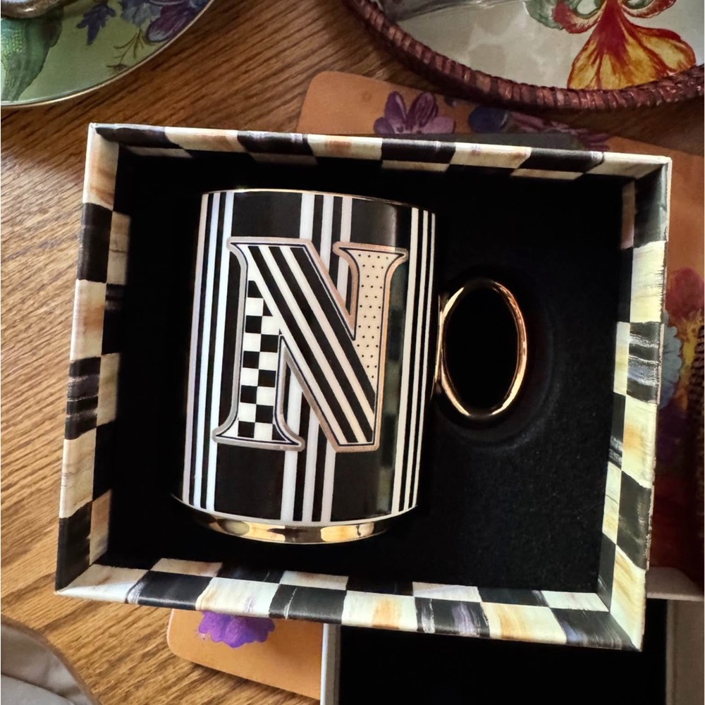 MacKenzie-Childs Black and Gold 'N' Monogram Mug